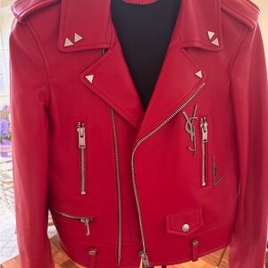 Saint Laurent Red Leather Biker Jacket with Silver Accents